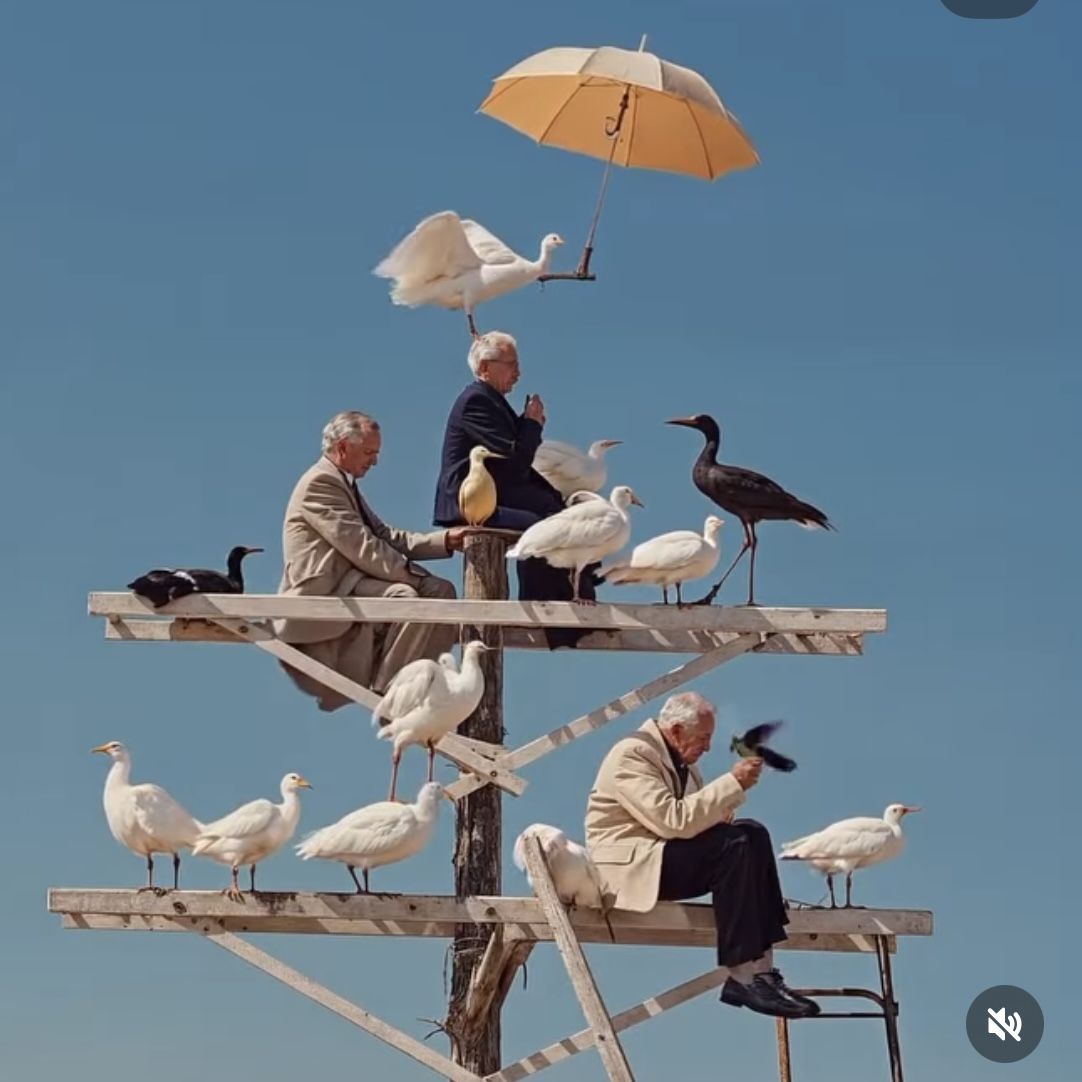 Three men in suits sitting among white birds on a wooden tower